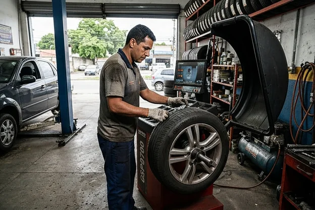Profissional balanceando uma roda de carro em Itaboraí.