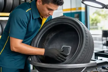 Profissional consertando um pneu em Itaboraí.